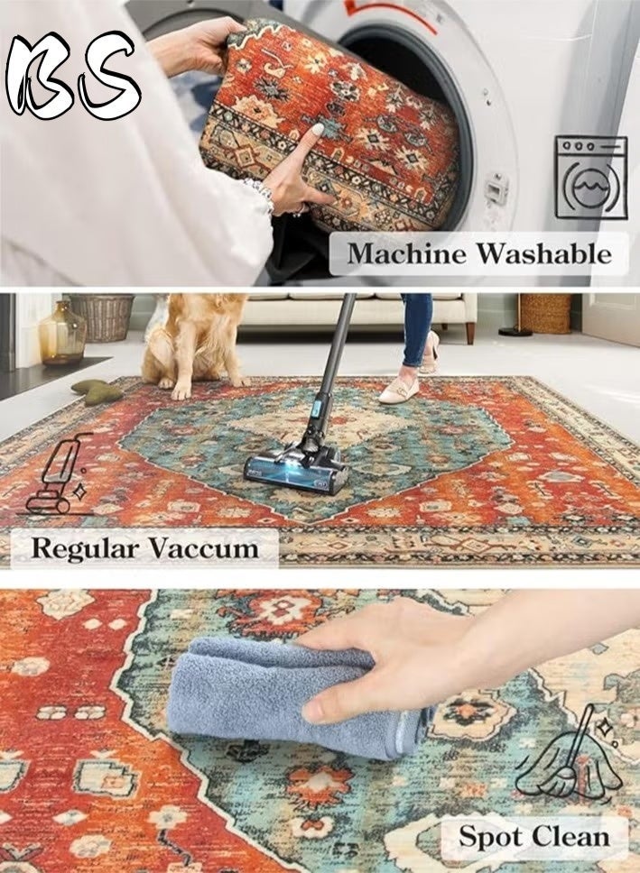 BS 140x200cm Bohemian Vintage Style Indoor Living Room/Outdoor Camping Blanket | Washable, Durable, Non-Slip Rug | Short Pile Indoor Carpet | Vibrant Colors | Exquisite Pattern | Soft Short Pile | Perfect for Camping, Patio, Living Room, Bedroom, Dining Room, Kitchen and Entryway. - Image 5