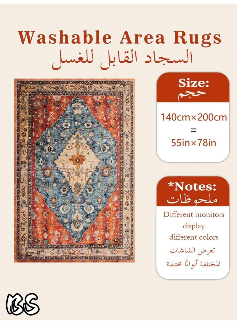 BS 140x200cm Bohemian Vintage Style Indoor Living Room/Outdoor Camping Blanket | Washable, Durable, Non-Slip Rug | Short Pile Indoor Carpet | Vibrant Colors | Exquisite Pattern | Soft Short Pile | Perfect for Camping, Patio, Living Room, Bedroom, Dining Room, Kitchen and Entryway. - Image 4