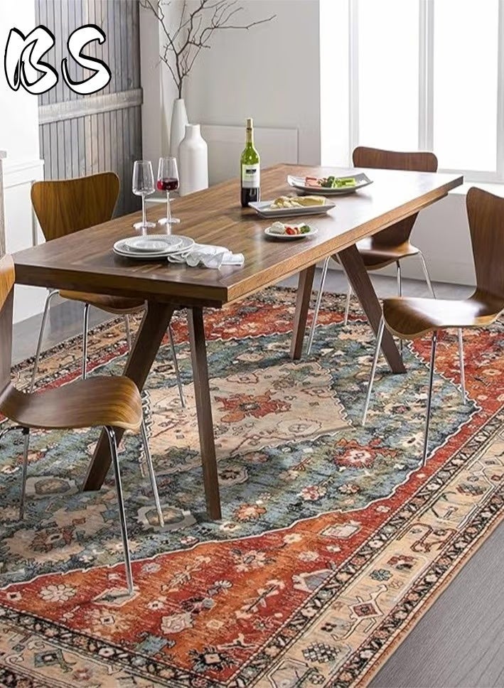 BS 140x200cm Bohemian Vintage Style Indoor Living Room/Outdoor Camping Blanket | Washable, Durable, Non-Slip Rug | Short Pile Indoor Carpet | Vibrant Colors | Exquisite Pattern | Soft Short Pile | Perfect for Camping, Patio, Living Room, Bedroom, Dining Room, Kitchen and Entryway. - Image 3