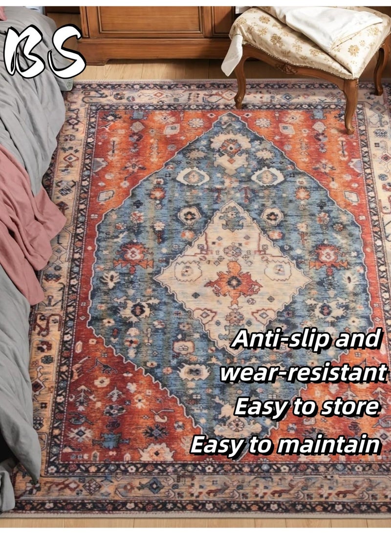 BS 140x200cm Bohemian Vintage Style Indoor Living Room/Outdoor Camping Blanket | Washable, Durable, Non-Slip Rug | Short Pile Indoor Carpet | Vibrant Colors | Exquisite Pattern | Soft Short Pile | Perfect for Camping, Patio, Living Room, Bedroom, Dining Room, Kitchen and Entryway. - Image 1