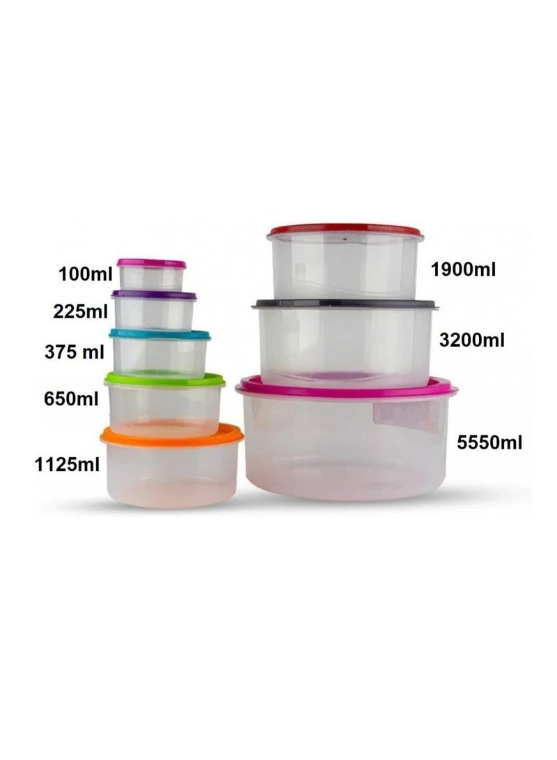 BASURRAH Teproin Round Plastic Food Storage Container Set of 8 with Multi-Colored Lids - Image 1