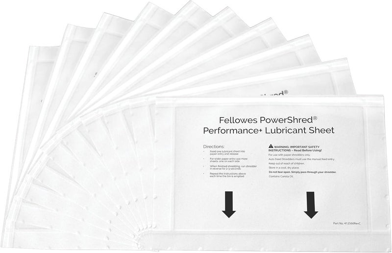 Fellowes 10 Paper Shredder Oil Lubricant Sheets – Powershred Performance+ Easy to Use Shredder Oil Sheet, White