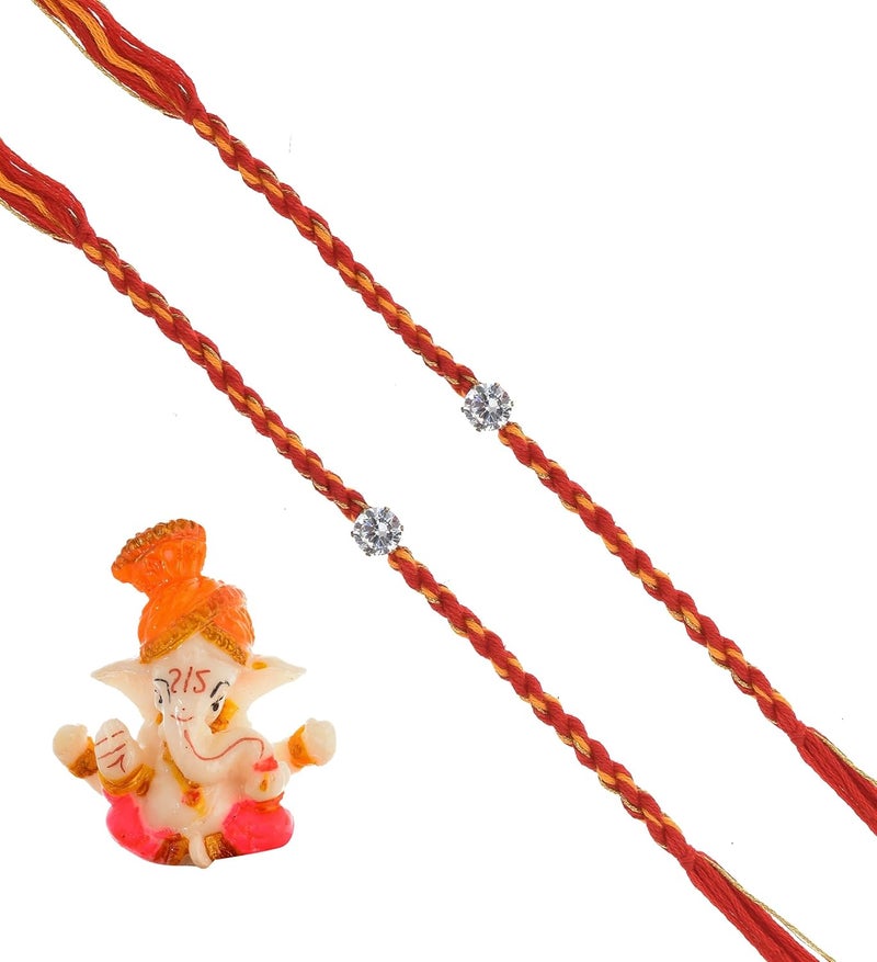 Evisha 2 pcs Simple Elegant Moli Thread with Stone Rakhi with Ganesh Murti for Brother Men Bhaiya R-64-Two Rakhi with Roli Chawal Packet Rakhi for bhai - Image 2
