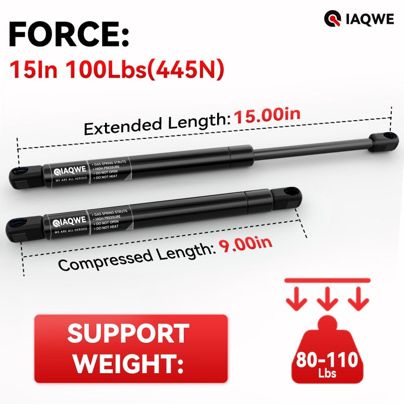 IAQWE 14.96Inch Lift Support Gas Spring 445N/100Lbs Struts Lid Stay for RV Bed Camper Shell Window Tonneau Cover Floor Hatch Set of 2 by IAQWE, Black - Image 2