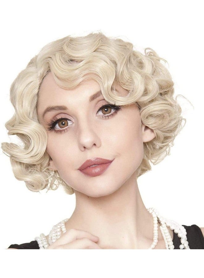 Kaneles Short Blonde Curly Wig Finger Wave Synthetic Hair For Women 1920S Halloween Cosplay Costume Party Come With Wig Cap (Blonde) - Image 1