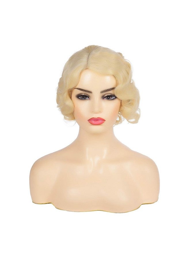 Kaneles Short Blonde Curly Wig Finger Wave Synthetic Hair For Women 1920S Halloween Cosplay Costume Party Come With Wig Cap (Blonde) - Image 2