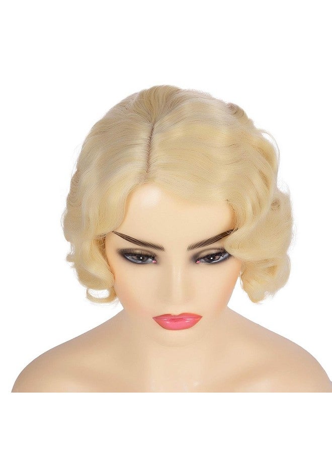 Kaneles Short Blonde Curly Wig Finger Wave Synthetic Hair For Women 1920S Halloween Cosplay Costume Party Come With Wig Cap (Blonde) - Image 5