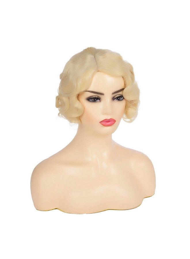 Kaneles Short Blonde Curly Wig Finger Wave Synthetic Hair For Women 1920S Halloween Cosplay Costume Party Come With Wig Cap (Blonde) - Image 4