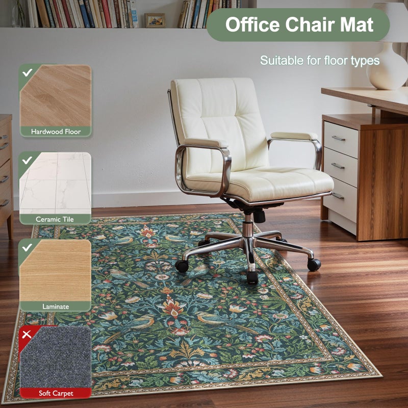 Anidaroel 48"x60" Office Chair Mat for Hardwood Floor, Anti-Slip Floor Mat for Office Chair, Vintage Floral Bird Desk Floor Mat, Low Plie Office Rugs for Rolling Chairs, Navy Blue - Image 5