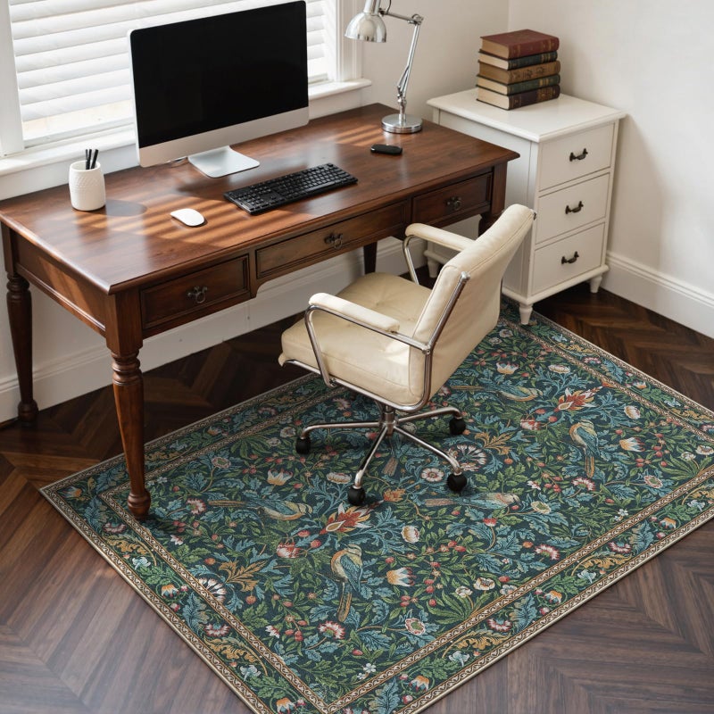 Anidaroel 48"x60" Office Chair Mat for Hardwood Floor, Anti-Slip Floor Mat for Office Chair, Vintage Floral Bird Desk Floor Mat, Low Plie Office Rugs for Rolling Chairs, Navy Blue - Image 1