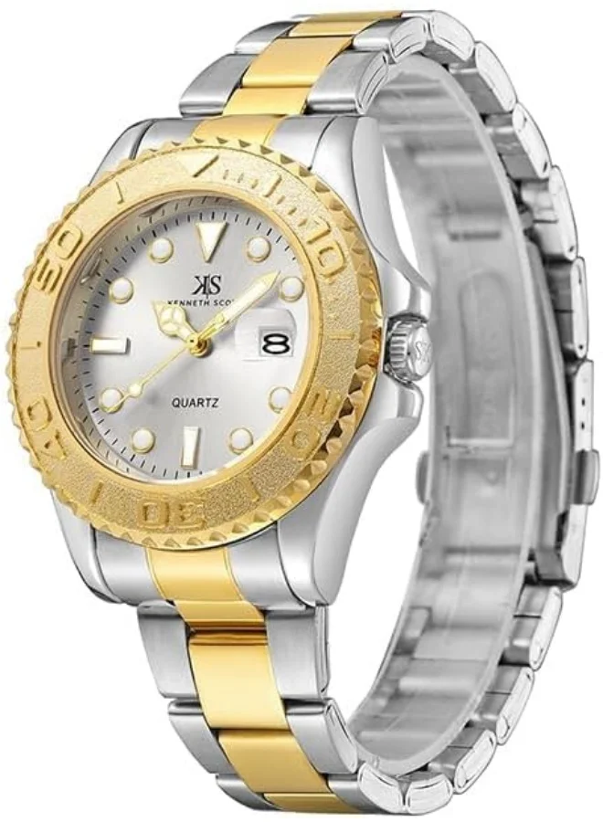 KENNETH SCOTT Kenneth Scott Men SL28D Movement Watch, Analog Display and Stainless Steel Strap - K23022-TBTW, Gold/Silver
