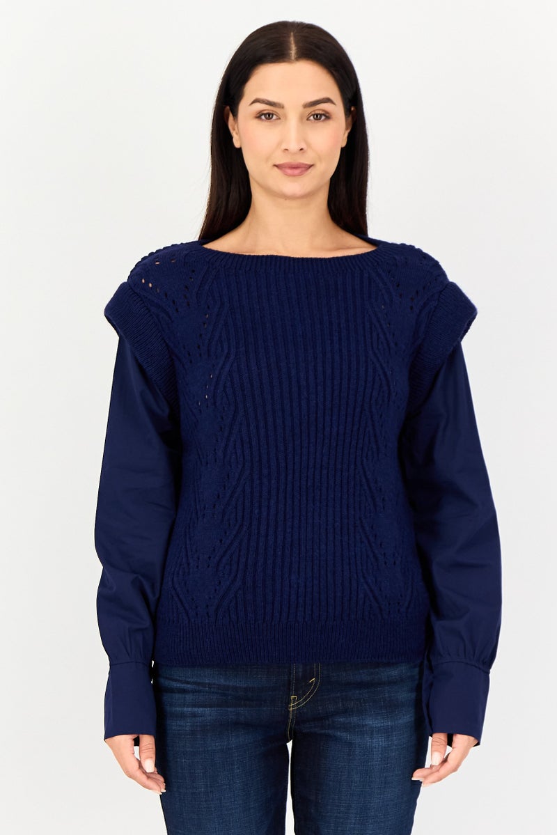 promod Women Crew Neck Crochet Sweater, Navy - Image 1