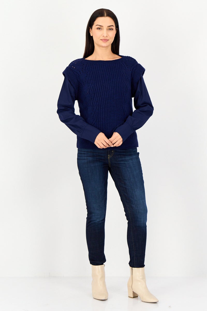 promod Women Crew Neck Crochet Sweater, Navy - Image 3