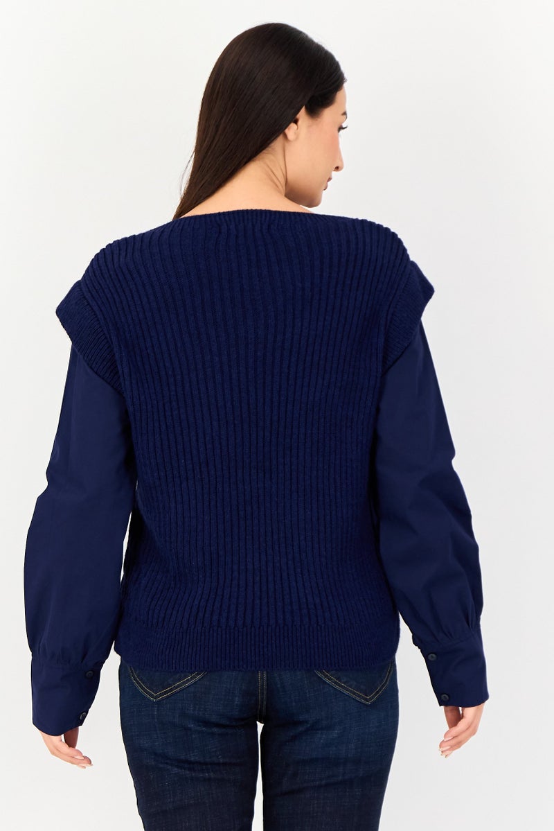 promod Women Crew Neck Crochet Sweater, Navy - Image 2