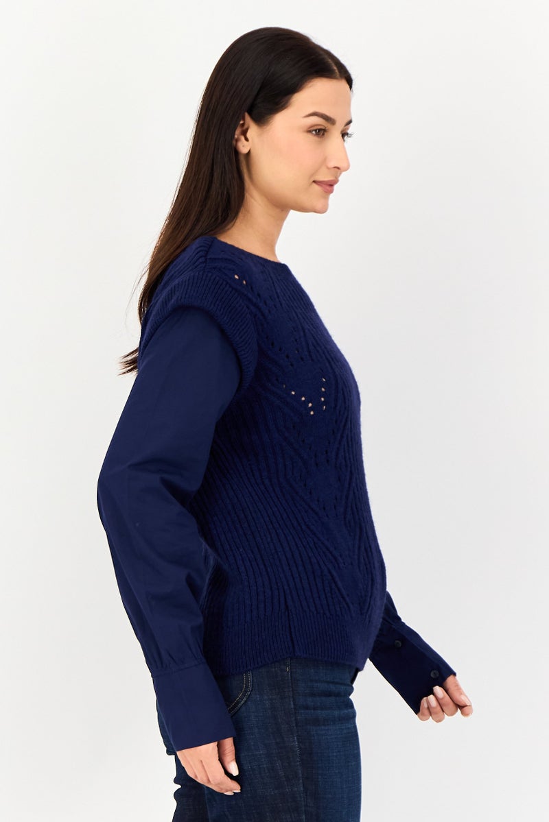 promod Women Crew Neck Crochet Sweater, Navy - Image 4