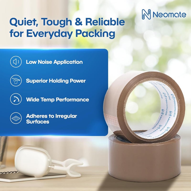Neomate شريط تعبئة بني BOPP منخفض الضوضاء | 48 مم × 50 م، عبوة من 2 | شريط تان متين للاستخدام الثقيل للتعبئة، DIY - Image 3