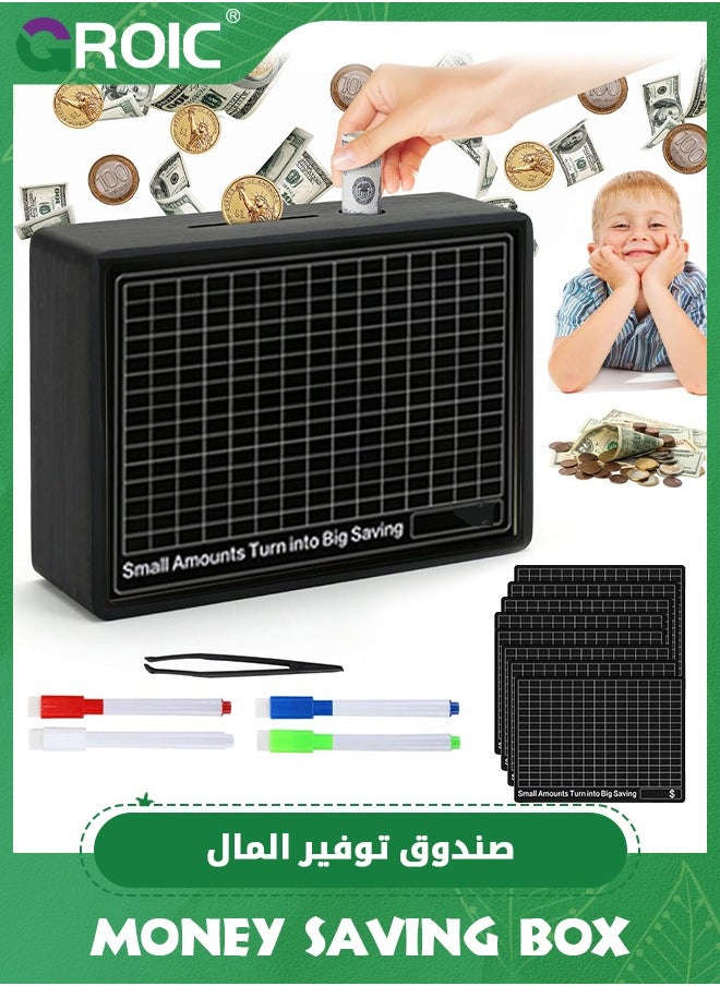 GROIC - Money Saving Box with 8 DIY Counter, Reusable Wooden Cash Saving Box, Savings Challenge Box, Save Box Money, Cash Vault Wooden Savings Box,Wooden Coin Bank(Black) - Image 1