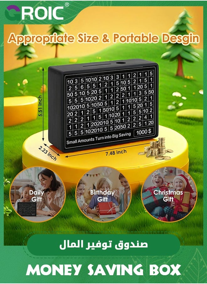 GROIC - Money Saving Box with 8 DIY Counter, Reusable Wooden Cash Saving Box, Savings Challenge Box, Save Box Money, Cash Vault Wooden Savings Box,Wooden Coin Bank(Black) - Image 1