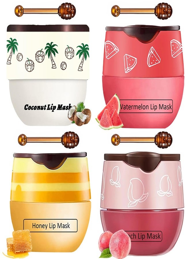 TIRDET 4 PCS Bee Lip Balm Honey Pot, Honey Coconut Watermelon Peach Sleeping Lip Mask Overnight with Sticks, Exfoliating Prevention Dry and Crack Lip Scrubs - Image 1
