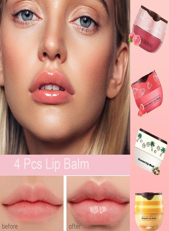 TIRDET 4 PCS Bee Lip Balm Honey Pot, Honey Coconut Watermelon Peach Sleeping Lip Mask Overnight with Sticks, Exfoliating Prevention Dry and Crack Lip Scrubs - Image 4