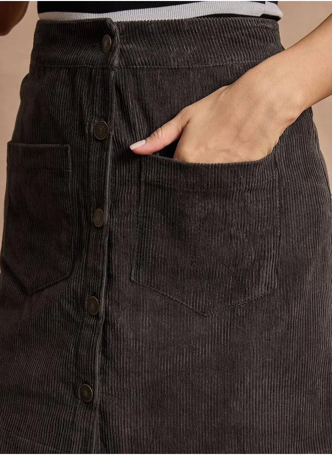 SASSAFRAS Corduroy Button Front A-Line Mini Skirt by Styli