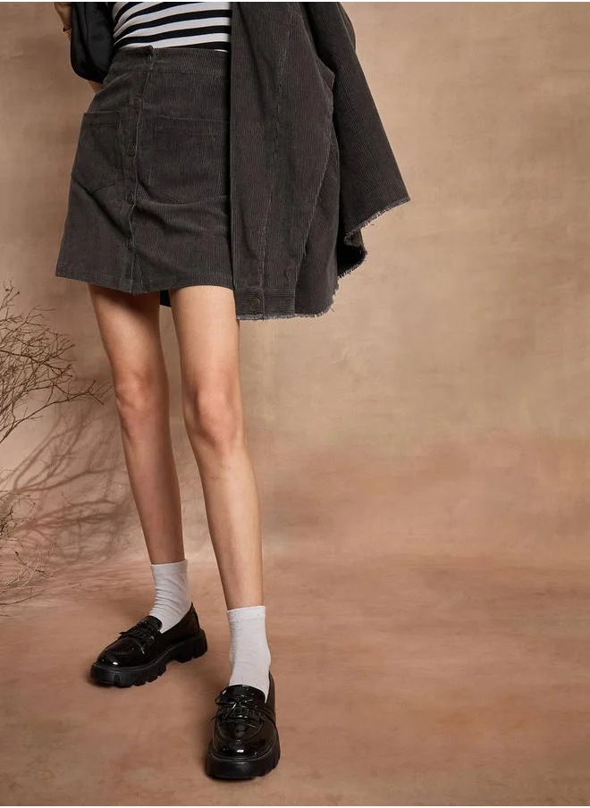 SASSAFRAS Corduroy Button Front A-Line Mini Skirt by Styli