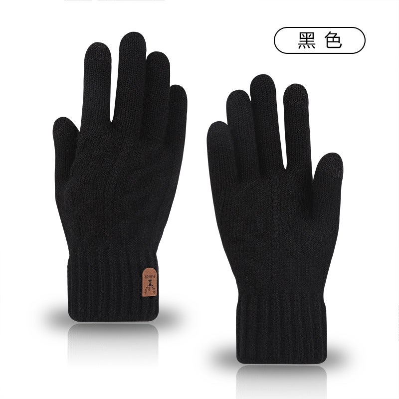 A generation of new mens warm gloves winter touch screen plus velvet gloves cold wool knitted gloves wholesaleSingle layer alpaca full finger-black Single layer alpaca full finger-black