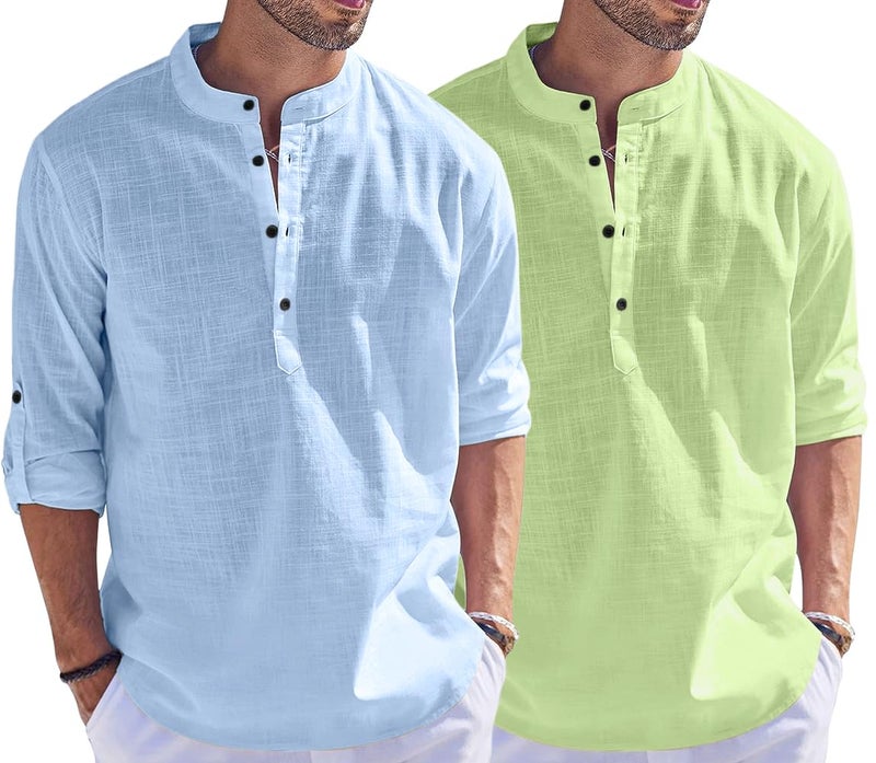 Bellstone Men's Cotton Blend Straight Kurta Shirt Combo with Mandarin Collar - Slim Fit Casual Short Kurti Set Featuring Textured Slub Fabric and Roll-Up Full Sleeves - Image 1