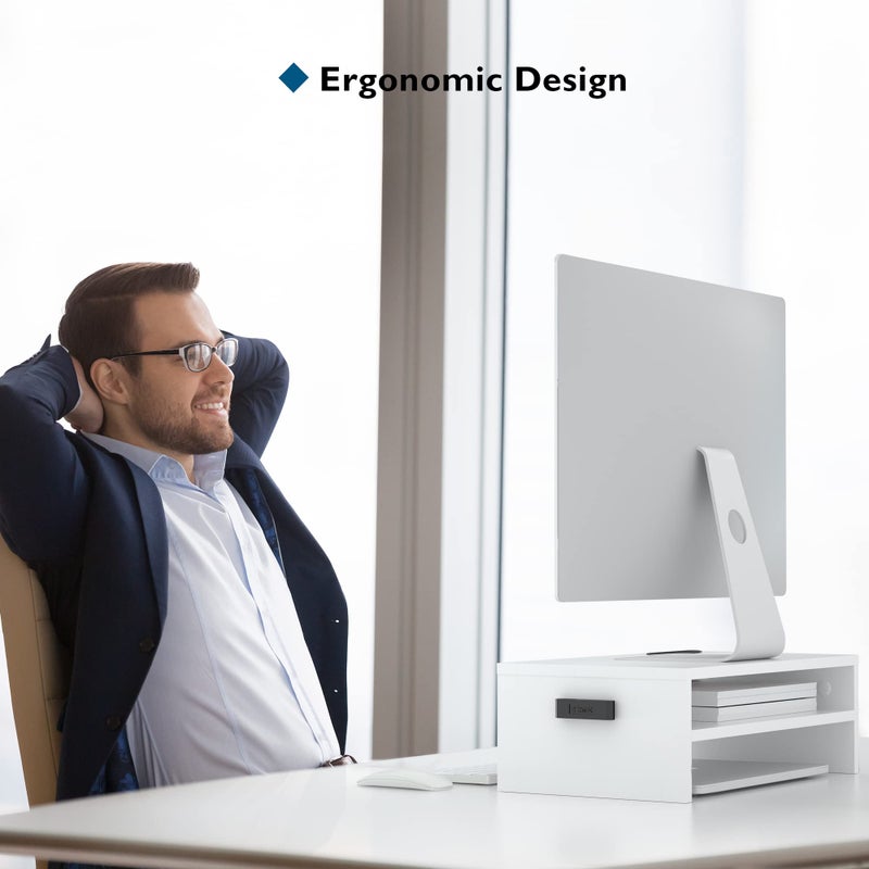 BONTEC Wooden Monitor Stand Riser, 2-Tier Desk Shelf with Storage Organizer, Ergonomic Computer Stand with Cable Management, Cellphone Holder, White, 16.5 Inch - Image 5