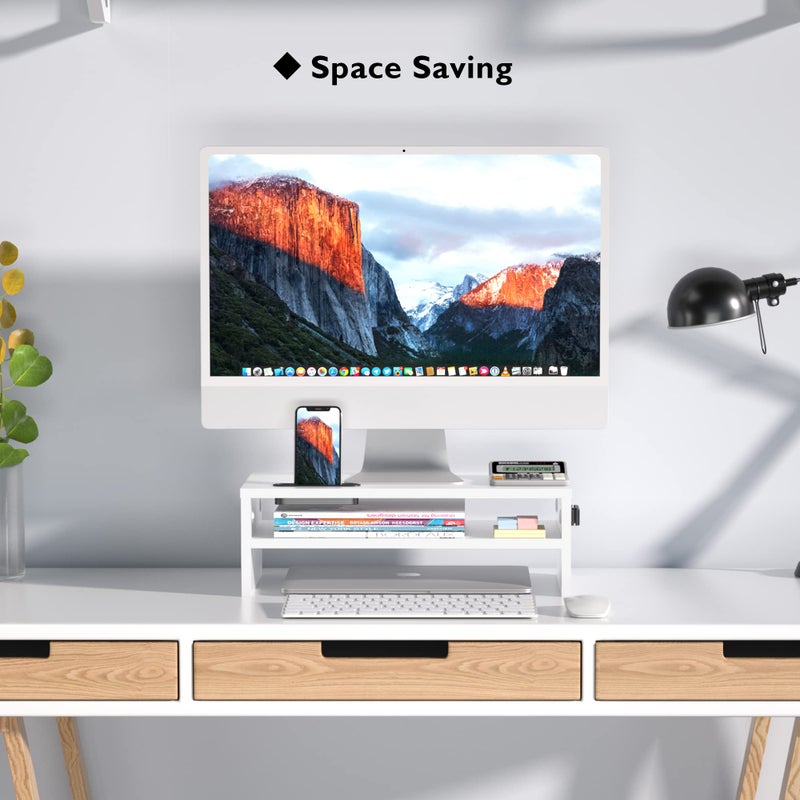 BONTEC Wooden Monitor Stand Riser, 2-Tier Desk Shelf with Storage Organizer, Ergonomic Computer Stand with Cable Management, Cellphone Holder, White, 16.5 Inch - Image 3