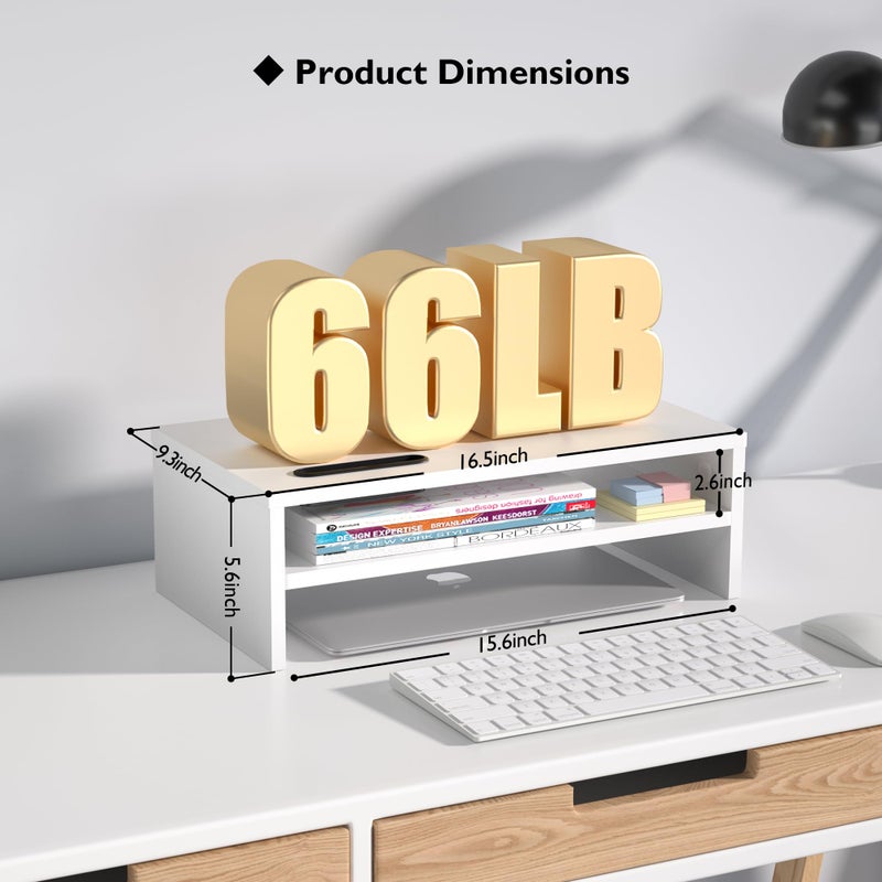 BONTEC Wooden Monitor Stand Riser, 2-Tier Desk Shelf with Storage Organizer, Ergonomic Computer Stand with Cable Management, Cellphone Holder, White, 16.5 Inch - Image 4