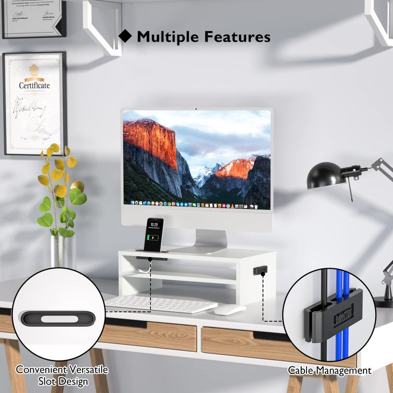 BONTEC Wooden Monitor Stand Riser, 2-Tier Desk Shelf with Storage Organizer, Ergonomic Computer Stand with Cable Management, Cellphone Holder, White, 16.5 Inch - Image 2