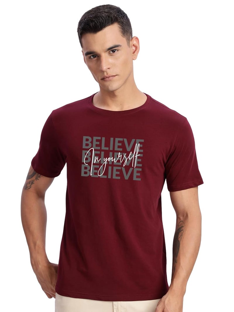 ADRO Men's Maroon Motivational Printed T-Shirt - Believe in Yourself Graphic, Regular Fit, Cotton Lycra Stretch Fabric - Image 1
