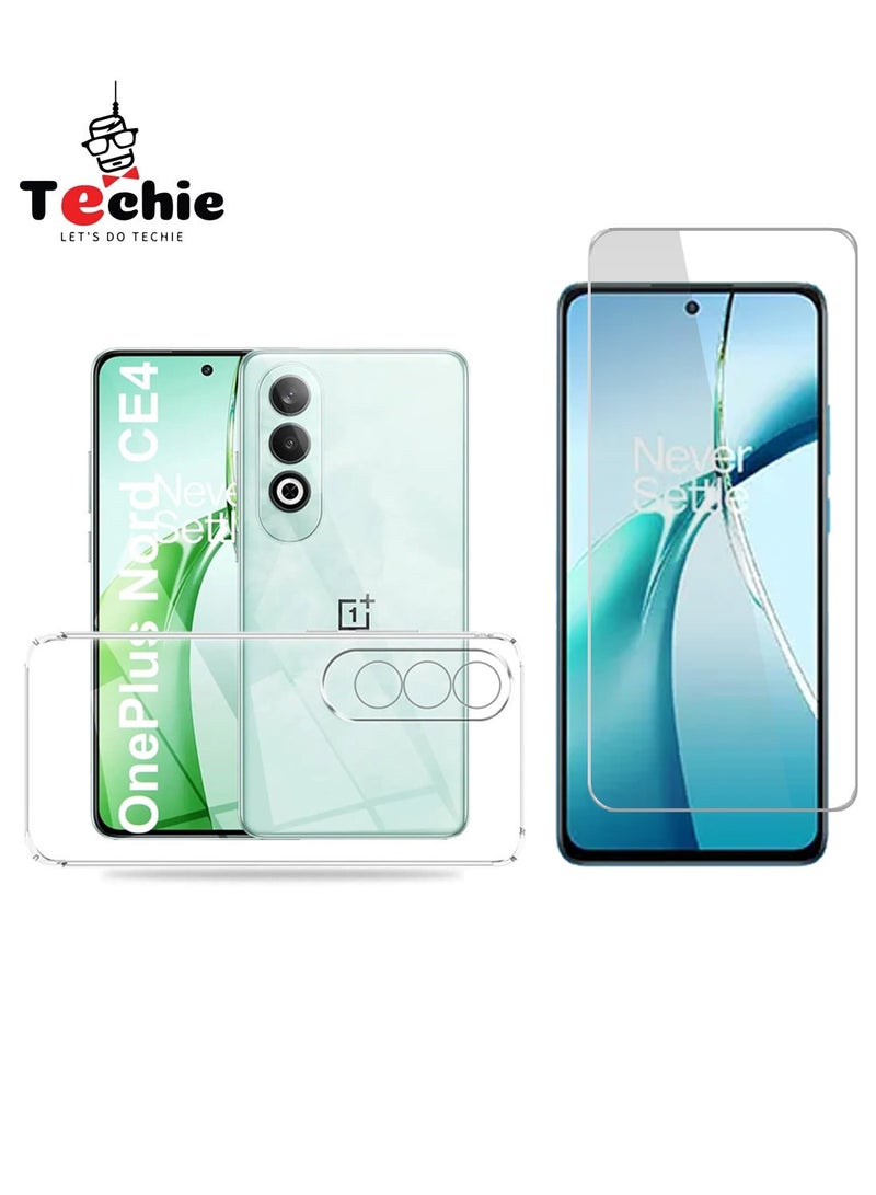 Techie حزمة كومبو 2 في 1 غلاف OnePlus Nord CE4 5G 2024 وواقي الشاشة - غلاف TPU شفاف مع واقي شاشة زجاجي مقسى عالي الدقة - Image 1