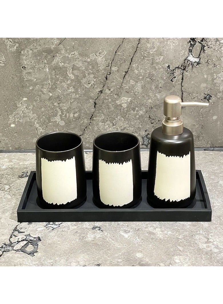 FUKE 4Pcs Bathroom Accessories Set Ceramic - Including Soap Dispenser,2 Mouthwash Cups and Tray Modern Countertop Sink Decor(Black) - Image 1