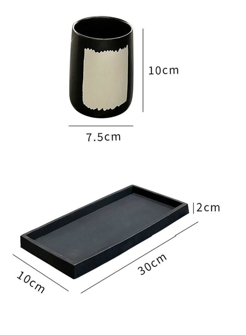 FUKE 4Pcs Bathroom Accessories Set Ceramic - Including Soap Dispenser,2 Mouthwash Cups and Tray Modern Countertop Sink Decor(Black) - Image 3