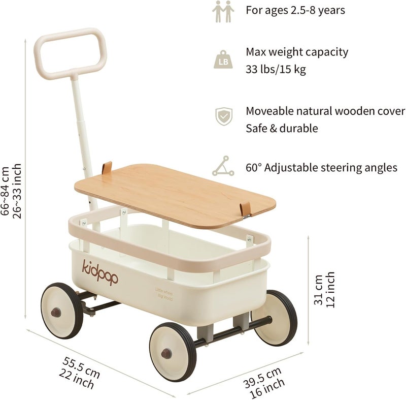 Kidpop PULA-Wild 3-in-1 Toy Wagon for Toddlers 1-4, Kids Ride On Toy with Removable Wooden Cover and Adjustable Handlebar, One Year Birthday Gifts Indoors and Outdoors Max Weight 33 lbs (White) - Image 2