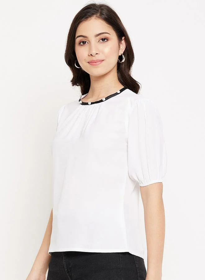WineRed Women White Puff Sleeve Top