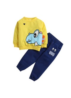 Hopscotch Hopscotch Cotton Boys Animal Print Sweatshirtjeans Set In Yellow Color For Ages 12-18 Months  - Image 1