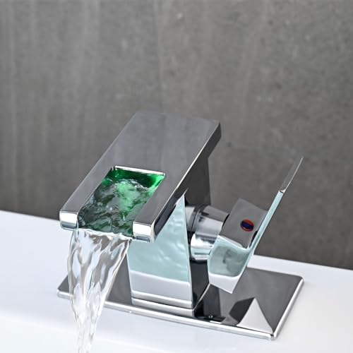 AVSIILE LED Bathroom Sink Faucet, Chrome Waterfall Single Hole Handle Vanity Faucets for Sinks 1 Hole with Metal Pop Up Drain and 2 Water Supply Lines, Side Handle - Image 2