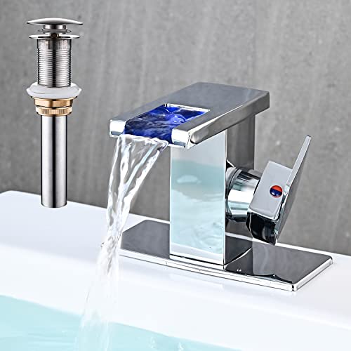 AVSIILE LED Bathroom Sink Faucet, Chrome Waterfall Single Hole Handle Vanity Faucets for Sinks 1 Hole with Metal Pop Up Drain and 2 Water Supply Lines, Side Handle - Image 1