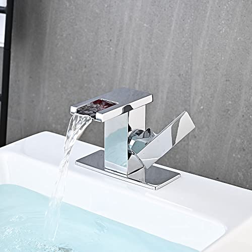 AVSIILE LED Bathroom Sink Faucet, Chrome Waterfall Single Hole Handle Vanity Faucets for Sinks 1 Hole with Metal Pop Up Drain and 2 Water Supply Lines, Side Handle - Image 3