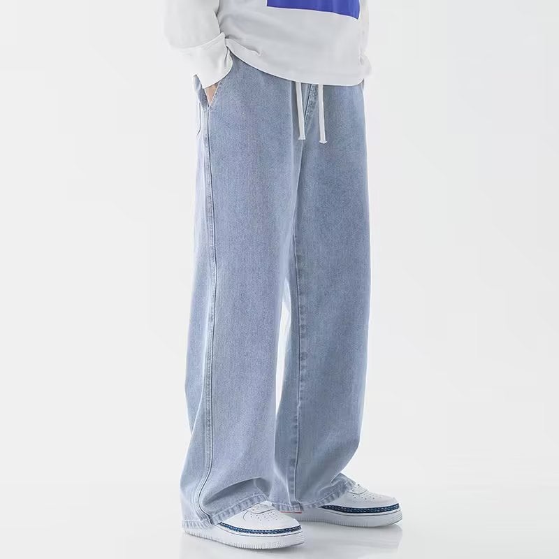 Retro Japanese Elastic Waist Mens Denim Jeans Gray - Image 4
