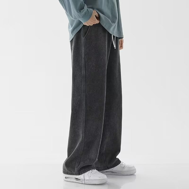 Retro Japanese Elastic Waist Mens Denim Jeans Gray - Image 3