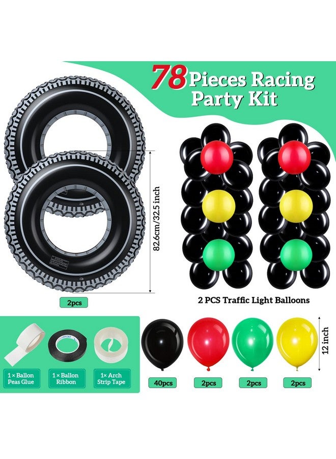 Woanger 78 قطعة زينة حفلة عيد ميلاد سيارات السباق تشمل 46 بالون إشارة مرور، 12 مخروط مرور، 12 علم مربعات، 2 لافتة علم، 2 حلقة سباحة على شكل إطار، 1 حصيرة جري، و3 ملحقات تجميع - Image 2