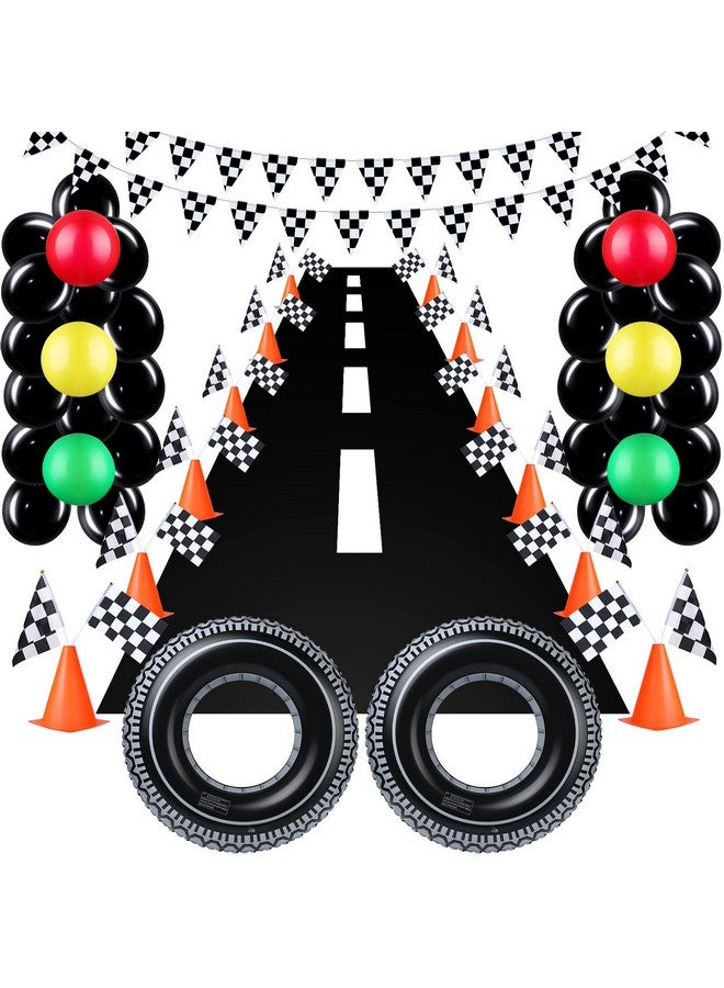 Woanger 78 قطعة زينة حفلة عيد ميلاد سيارات السباق تشمل 46 بالون إشارة مرور، 12 مخروط مرور، 12 علم مربعات، 2 لافتة علم، 2 حلقة سباحة على شكل إطار، 1 حصيرة جري، و3 ملحقات تجميع - Image 1