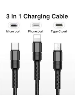 Generic Multi USB Cable 3 in 1 Braided Fast Charging - Thicker Version Compatible with Lightning/Micro/Type-C - Multi Fast Charging Cable 3 in 1 Type C - (Black)  - Image 2