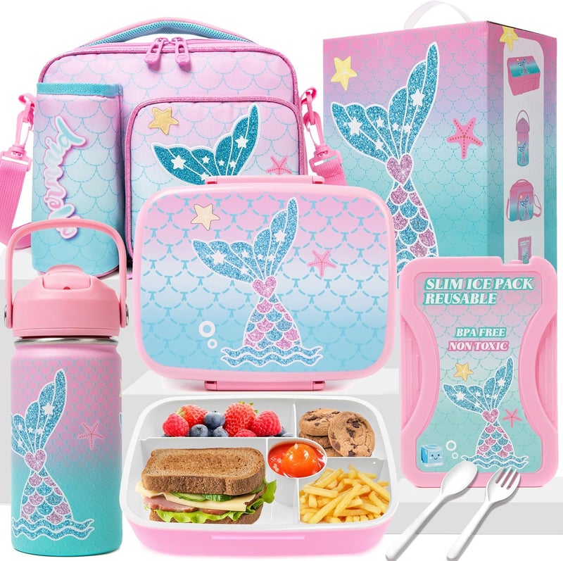 Oruiji Mermaid Bento Box for Kids Lunch Box for Girls Bento Lunch Box for Kids with 5 Compartments Stainless Steel Water Bottle, Lunch Bag, Ice Pack Set Back to School Supplies - Image 1