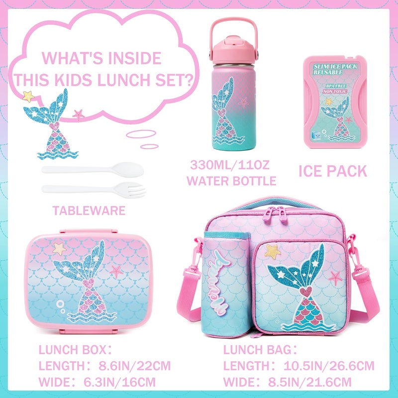 Oruiji Mermaid Bento Box for Kids Lunch Box for Girls Bento Lunch Box for Kids with 5 Compartments Stainless Steel Water Bottle, Lunch Bag, Ice Pack Set Back to School Supplies - Image 2