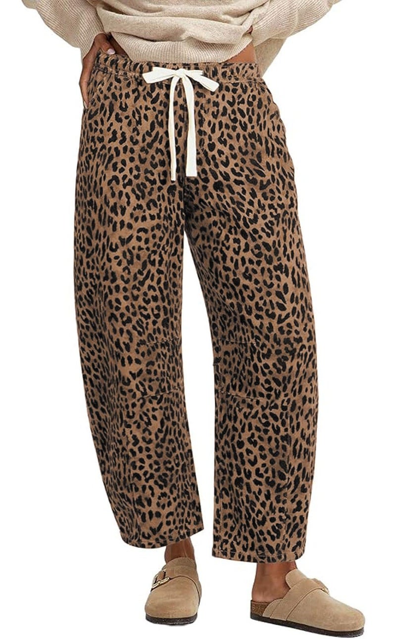 loveimgs Women Baggy Cheetah Print Barrel Jeans Leopard Printed Denim Barrel Pants Elastic Waist Wide Leg Jean Drawstring Y2k (Small,Brown Leopard) - Image 1
